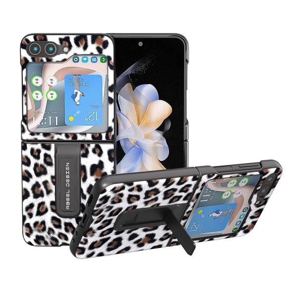 För Samsung Galaxy Z Flip5 5g Pu-läder+pc Kickstand Cover Leopard Mönster Phone case Silver