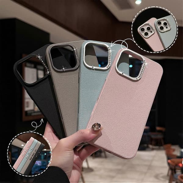 Til iPhone 16 Pro Max Cover Rhinestone Dekor Linseramme Læder+PC Telefon Cover - Grå Multicolor Black
