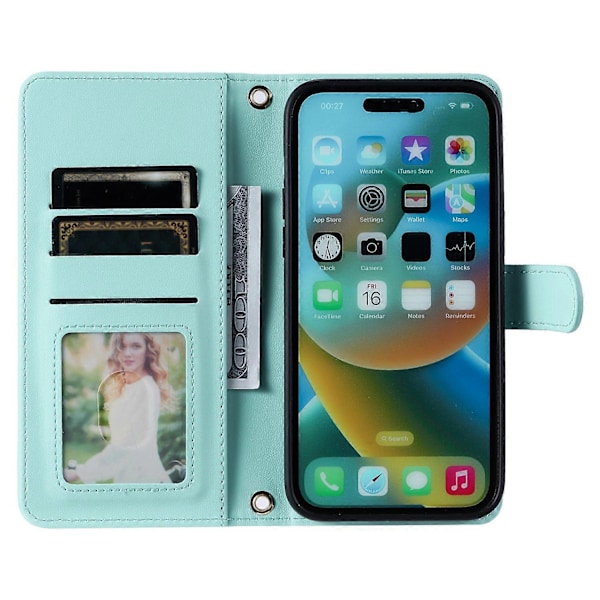 För iPhone 14 Pro Fodral Sömnad Romber Grid PU Läder Plånboksfodral Multicolor Mint Green