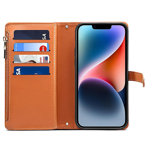 RFID-suojattu lompakkokotelo iPhone 15:lle, vetoketjutasku ja jalustallinen puhelinkotelo Brown