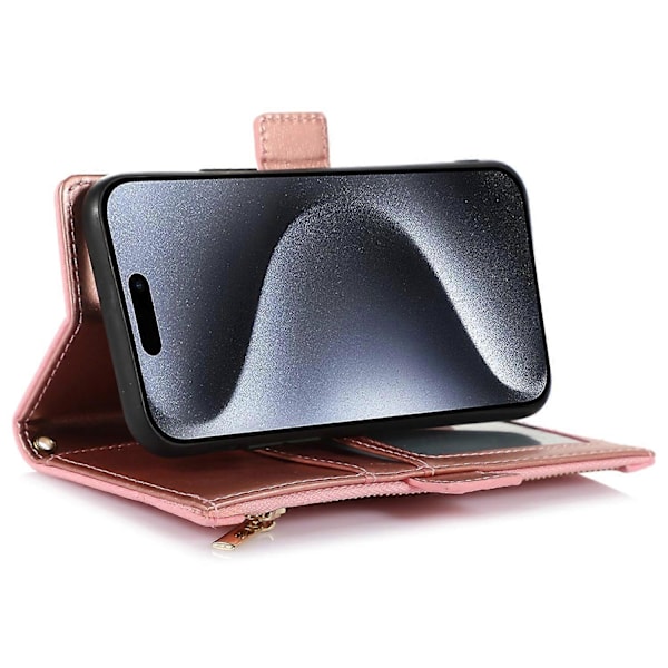 For iPhone 15 Pro Max Deksel Litchi Tekstur Glidelåslomme Lærdeksel med Stropp Multicolor Style C