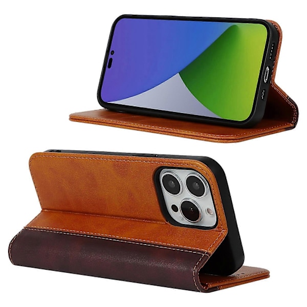 För iPhone 15 Pro Tvåfärgad Splitsad PU Läder Telefonfodral Stöd Stativ Plånboksfodral Multicolor Style C