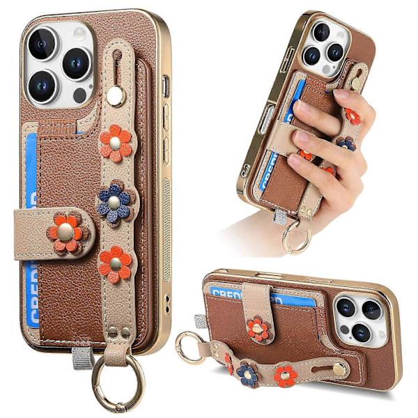 W2 Fodral för iPhone 16 Pro Max med Korthållare Läder Baksida 3D Blomma Armband - Grön Multicolor Brown