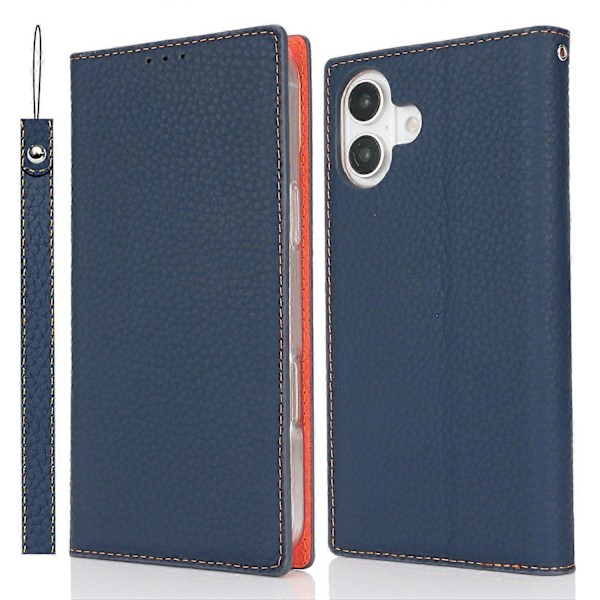 Læder Wallet Case til iPhone 16 Plus med Litchi Tekstur Multicolor Style B