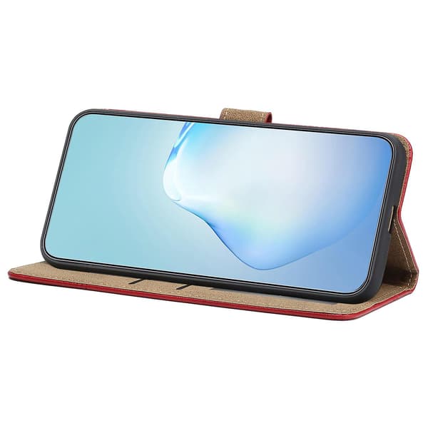 Case för Iphone 15 Plus, linjepräglat kohud Texture Läderställ Cover Red