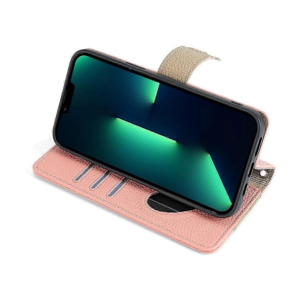 För iPhone 15 Pro PU Läder Ringhållare Telefonfodral Plånboksställ Fullt Skydd Skal med Sminkspegel Multicolor Style B