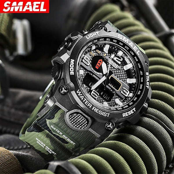 Smael New Sport Watch Herr 50m Vattentät klocka Alarm Reloj Hombre 1545d Dual Display Armbandsur Quartz Military Watches For Herr CamoKhaki