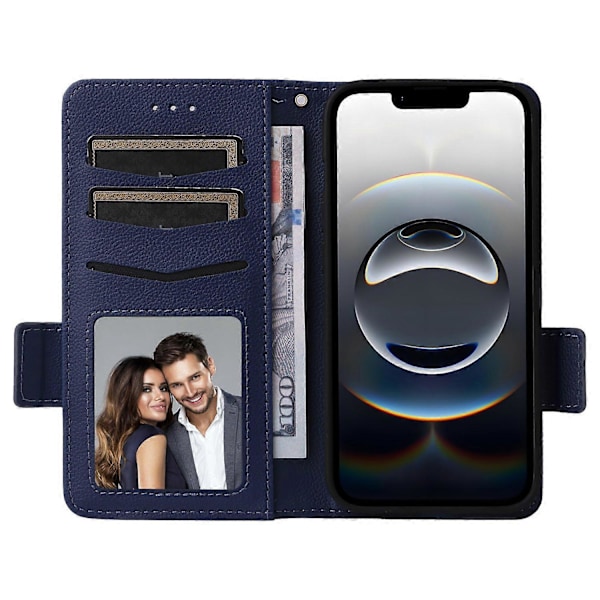 Fodral till iPhone 16e med handledsrem, litchi-textur, PU-läderplånboksfodral Multicolor Dark Blue