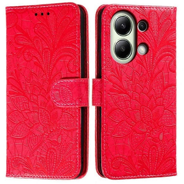 Xiaomi Redmi Note 13 4G -kotelo pitsikukilla PU-nahkainen lompakkokotelo - harmaa Multicolor Red