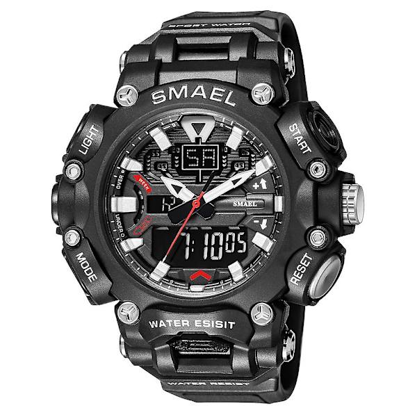 Smael Watch Herr Digital Quartz Double Display Klockor Ungdom Militär Herr Vattentät stoppur Väckarklocka Man Cool Hour Black White