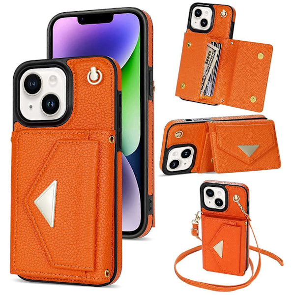 Til iPhone 14 Etui Kort Taske Ridsefast Læder+TPU Cover med Skulderrem Multicolor Style E