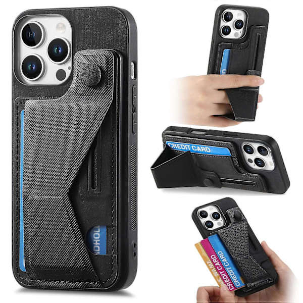 Til iPhone 16 Pro Cover Retro Læder Bagside Cover Kort Slot Side Støttefod - Grøn Multicolor Black