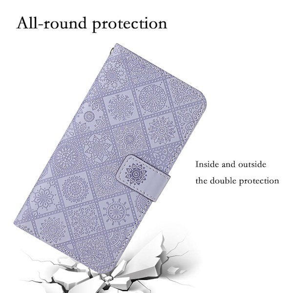 Læder Wallet Case til iPhone 15 Pro, Præget Blomster Folio Flip Stand Telefon Cover Purple