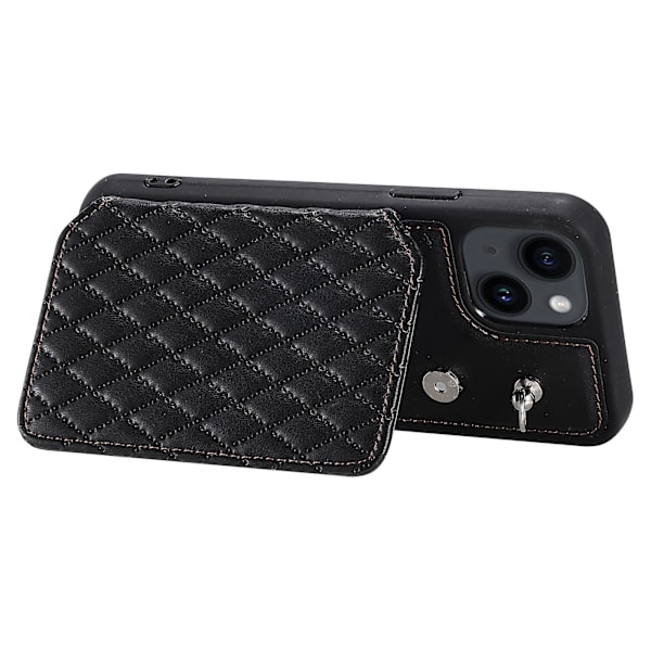 För Iphone 15 Plus Rfid Blockering Stötsäkert case Anti-drop Pu+tpu telefonskal med remmar Black