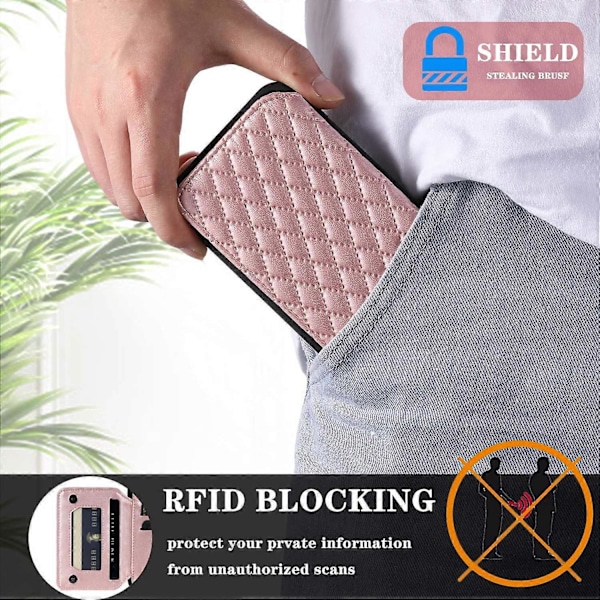 Stil 008 För iPhone 15 Plus RFID-blockerande Stöttåligt Skal PU+TPU Mobilskal med Remmar Multicolor Style D