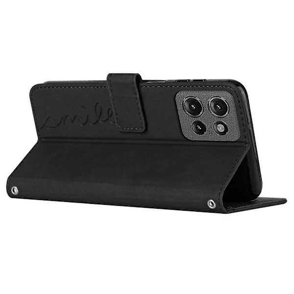 Til Motorola Moto G 5G (2025) Etui Visningsstativ PU Læder Telefon Cover Præget Hjerte Mønster Multicolor Black
