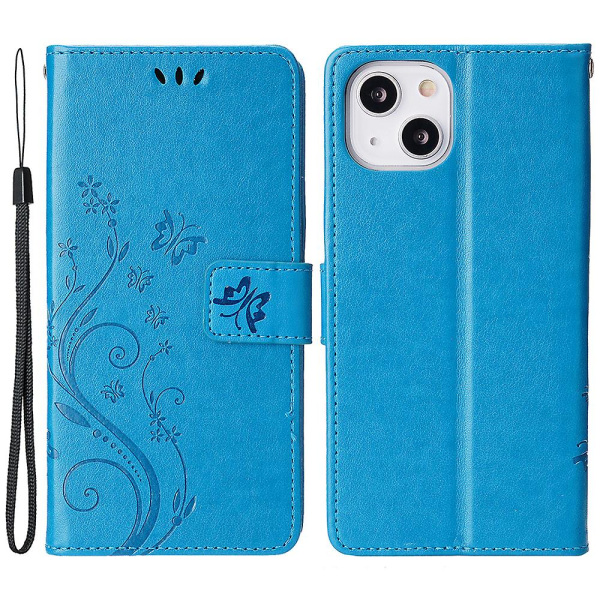 För Iphone 15 Imprinted Butterflies Mobiltelefon Stand Case Pu Läder Plånboksskal med rem Blue