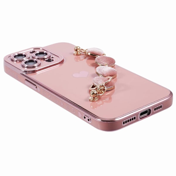 Elektroplettert TPU-telefondeksel med hjertekjedestropp for iPhone 15 Pro Multicolor Style A