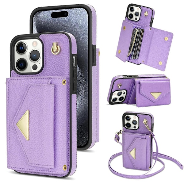 För iPhone 15 Pro Fodral Organ Kortväska Läder+TPU Baksidesskydd med Axelrem Multicolor Style D