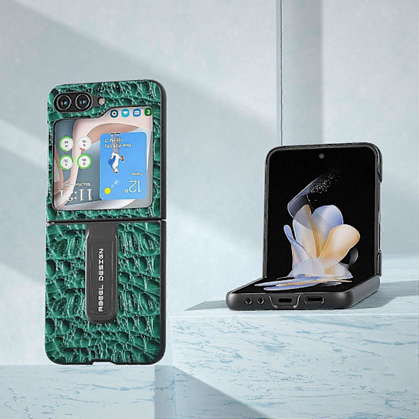 Til Samsung Galaxy Z Flip5 5G Støtteben Bagcover Ægte Koskindslæder+PC Baldakin Tekstur Telefoncover Multicolor Style C