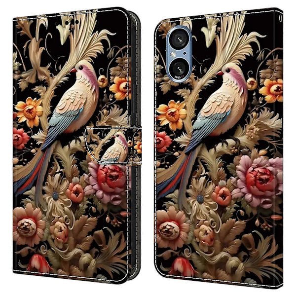 Til Sony Xperia 5 V Etui PU Læder Wallet Telefon Cover med Støttefod Multicolor Vintage Flower and Bird