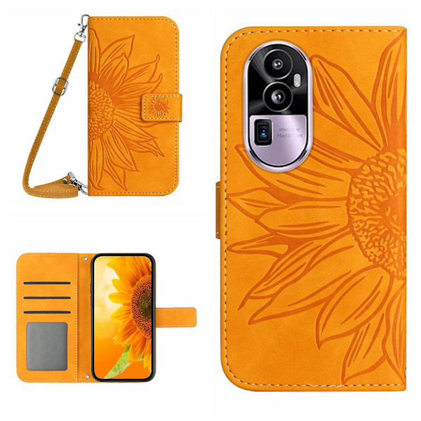Ht04 Pu Läder Phone case För Oppo Reno10 Pro+ 5g Sunflower Imprint Cover med axelrem Yellow