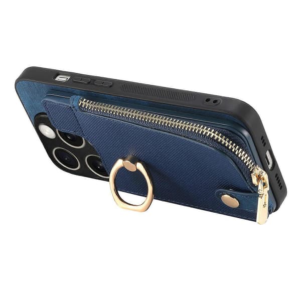 Fodral för iPhone 16 Pro Max med dragkedjeficka, stativ och läderbaksida - Grön Multicolor Blue