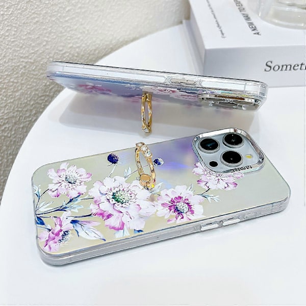 Blommig Lasertextur Skal för iPhone 15 Pro Max med Ringstativ Multicolor Style H