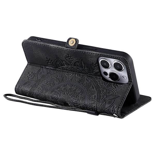 Tyyli 016 iPhone 14 Pro Max -kotelolle, ihon tuntuinen toteemikuvioitu lompakkonahkainen puhelinkotelo- Multicolor Black