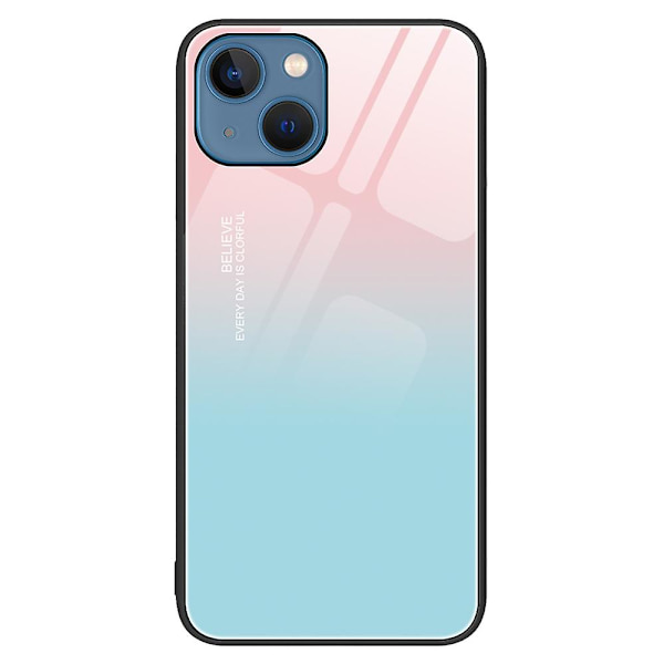 För Iphone 15 Plus Printed case härdat glas+pc+tpu Hybrid cover Gradient Pink Blue