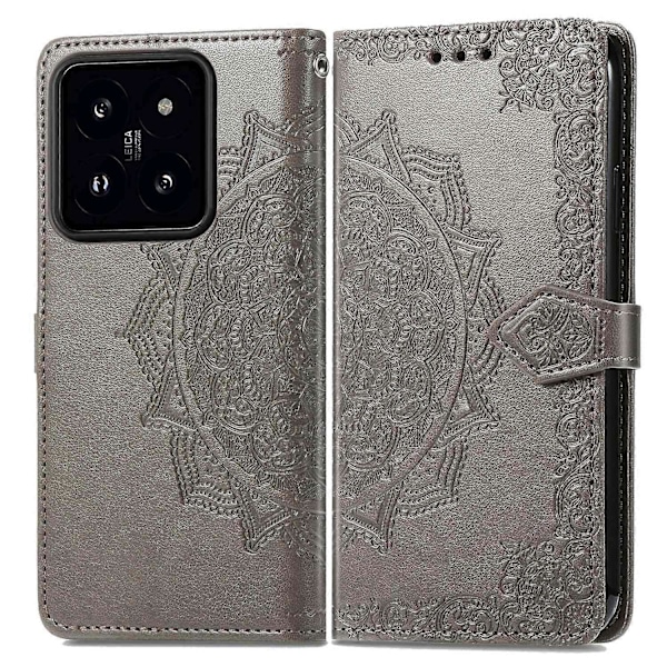 Til Xiaomi 14T Pro Etui Mandala Præget Design Læder Wallet Telefon Cover- Multicolor Grey