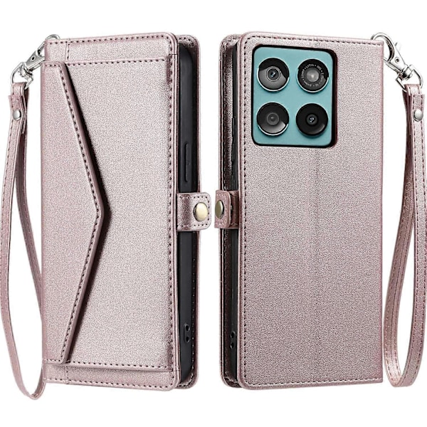 Læderetui med håndledsrem, pung og stativ til Motorola Edge 60 5G/ 60 Fusion 5G Multicolor Rose Gold