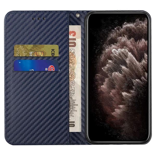 För iPhone 15 Pro Max Kolfibertextur PU Läder+TPU Plånboksfodral Vikbart Ställ Telefonskal Multicolor Style B