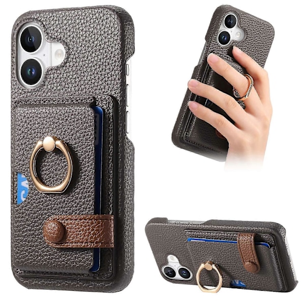Y2 Fodral till iPhone 16 med Ringhållare, Ställ, Kortfack, Läder Skal - Date Apricot Multicolor Silver Grey
