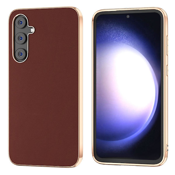 Til Samsung Galaxy S23 Fe Nano Elektroplettering Telefon Cover Silkeagtig Koskind Læder Belagt Tpu+pc Cover Coffee