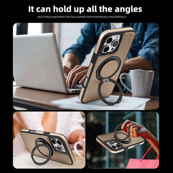 For iPhone 16 Pro Max Magnetisk Deksel Roterende Ring Støtte PU Lær+PC+TPU Bakdeksel - Gull