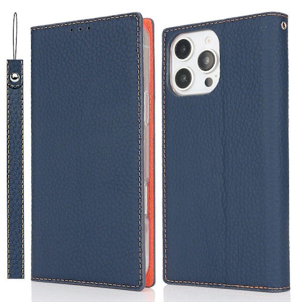 For iPhone 16 Pro Wallet Case Ægte Ko Læder Telefon Cover Litchi Tekstur Multicolor Style B