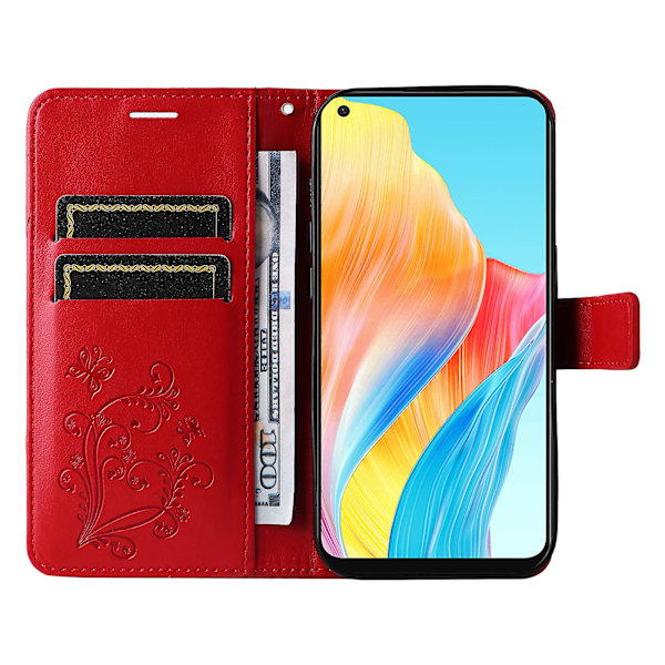 Læder Etui til Oppo A78 4g, Tegnebog Stand Præget Sommerfugl Telefon Cover Red