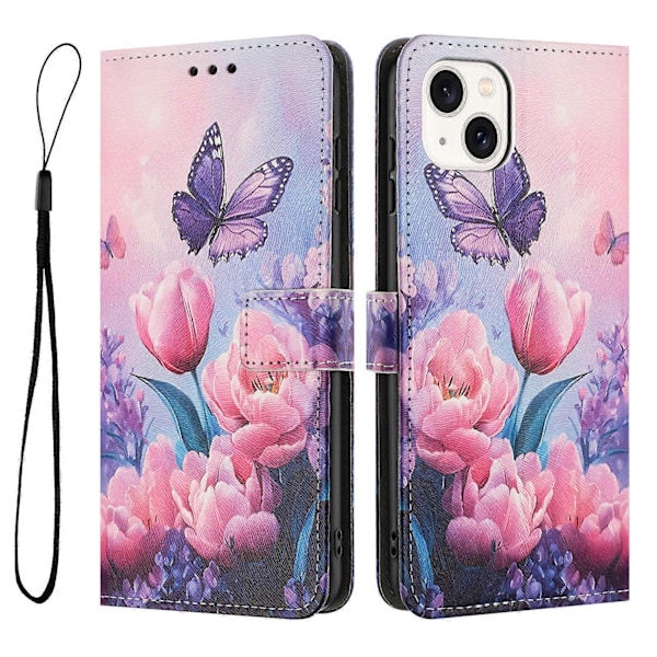 YX-2501 Plånboksfodral för iPhone 15 Plus/ 14 Plus Mönstertryck PU Läder Telefonskal med Snodd Multicolor Pink Flower Butterfly