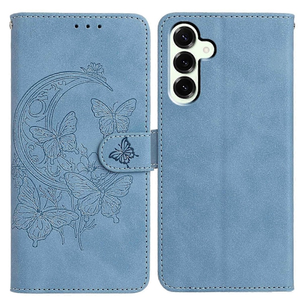 Til Samsung Galaxy M16 5G/ F16 5G Etui Sommerfugl Blomst Præget PU Læder Wallet Stand Telefon Cover Multicolor Sky Blue