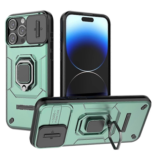For iPhone 15 Pro Deksel med Støtte og Skyvbart Linsebeskyttelse PC+TPU Støtsikkert Robust Skall Multicolor Style C