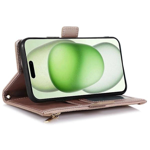 Fodral till iPhone 15 Plus med dragkedjeficka, PU-läder med litchistruktur och rem Multicolor Style C