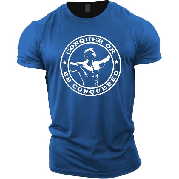 Gymtier Bodybuilding T-shirt för män - Arnold Schwarzenegger Conquer - Gym Training Top Royal Blue S