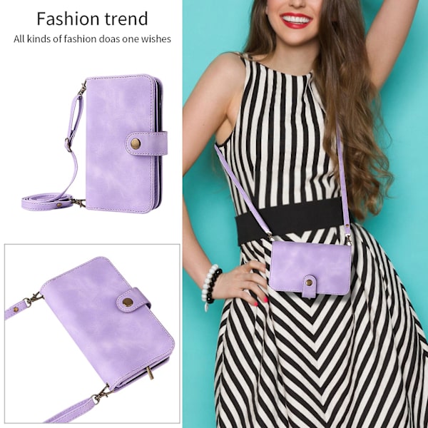 För Iphone 14 Pro Max Anti-dropp phone case Stativ Blixtlåsficka Läder Cover med remmar Purple