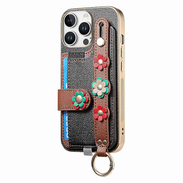 W2 iPhone 16 Pro -kotelo korttipidikkeellä, nahkainen takakansi, 3D-kukka rannekoru - Vihreä Multicolor Black