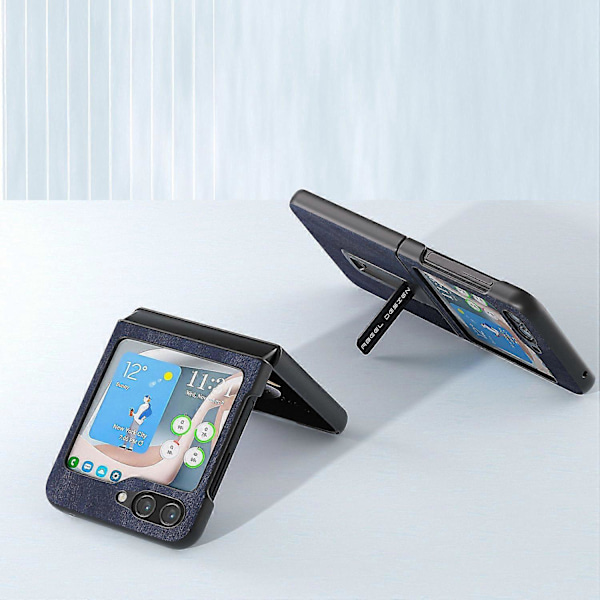 För Samsung Galaxy Z Flip5 5G Mobilskal med Kohudstruktur PU Läderbelagd PC Ställ Multicolor Style D