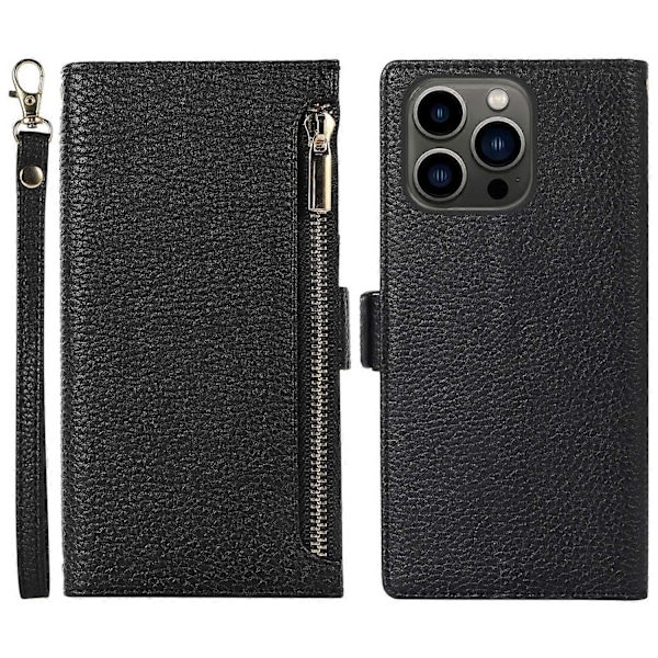 For iPhone 15 Pro Deksel Litchi Tekstur Glidelåslomme Anti-fall Lærdeksel med Stropp Multicolor Style A