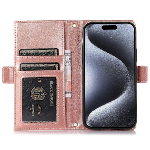 For iPhone 15 Pro Deksel Litchi Tekstur Glidelåslomme Anti-fall Lærdeksel med Stropp Multicolor Style C