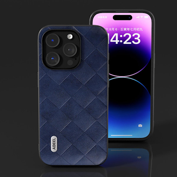För Iphone 15 Pro Max repsäkert Pu-läderbelagd Pc+tpu Phone case Grid Texture Cover Blue