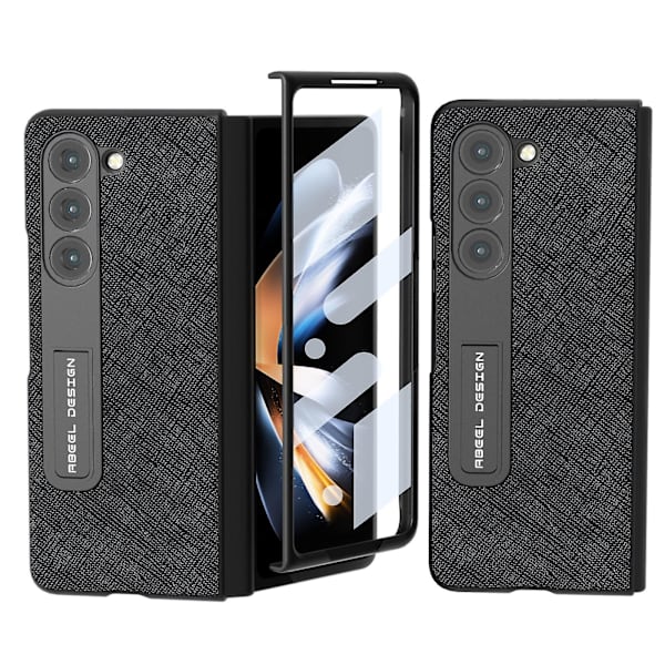För Samsung Galaxy Z Fold5 5g Kickstand Vikbart phone case Cross Texture Kohud Läder+PC cover Black